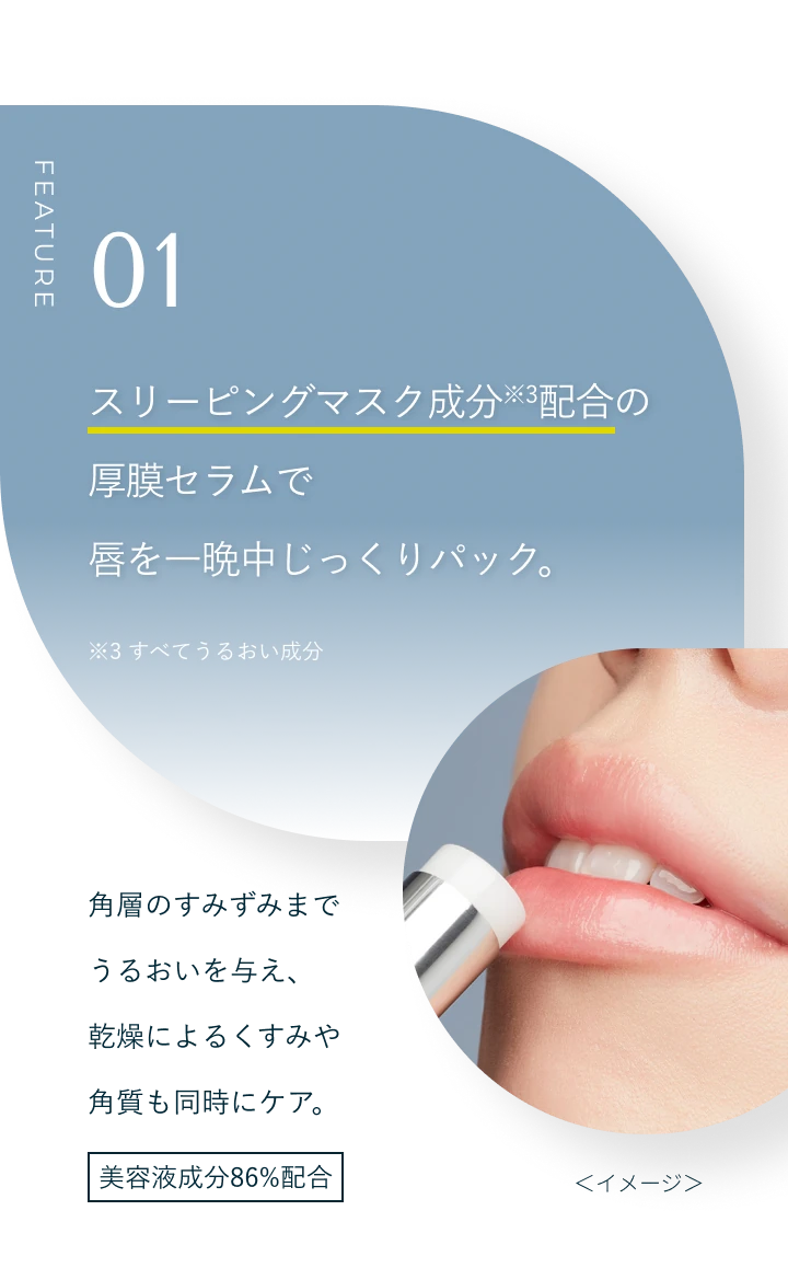 FEATURE 01 スリーピングマスク成分※3配合の厚膜セラムで唇を一晩中じっくりパック。※3 すべてうるおい成分 角層のすみずみまでうるおいを与え、乾燥によるくすみや角質も同時にケア。美容液成分86%配合